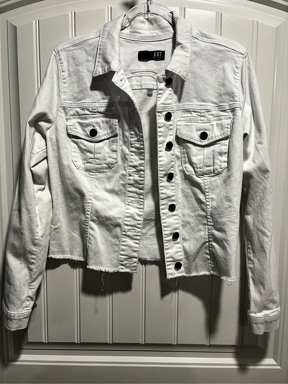 KUT from the Kloth Kara Frayed Hem Denim Jacket Women's White Raw Hem Denim